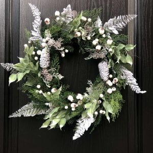 Christmas - Winter Wreath, Evergreen and Snowy White Pinecones with Berries